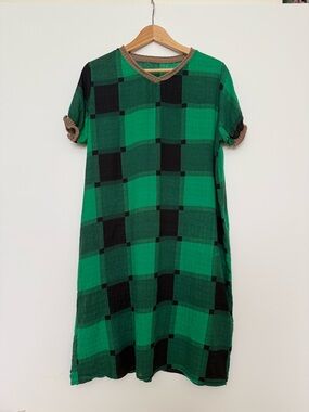 Women home dress Green Plaid Short-Sleeve Shift Dress
